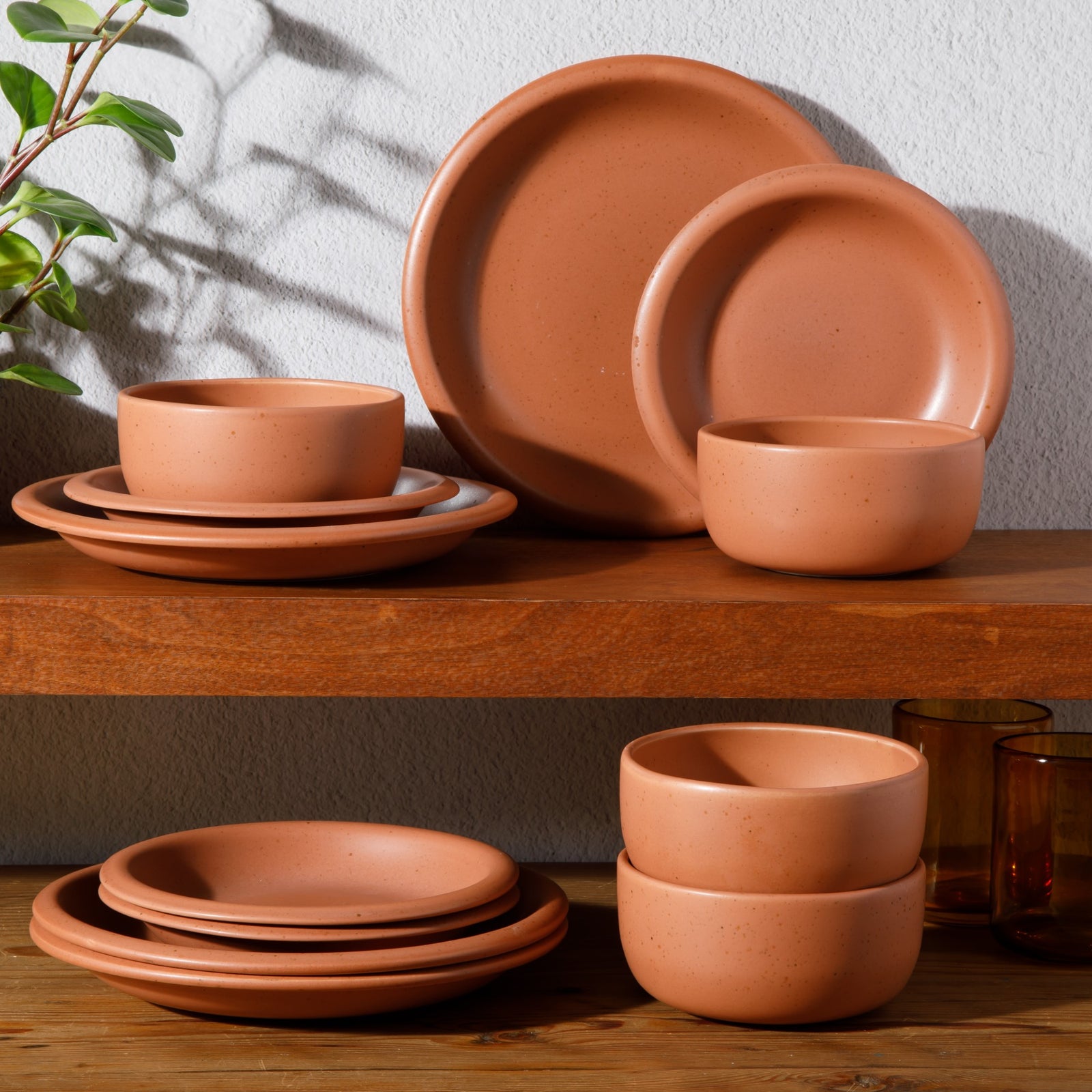 Corsica Clay - 12-Piece Dinnerware Set - Reactive Glaze Stoneware - Burnt Apricot Terracotta