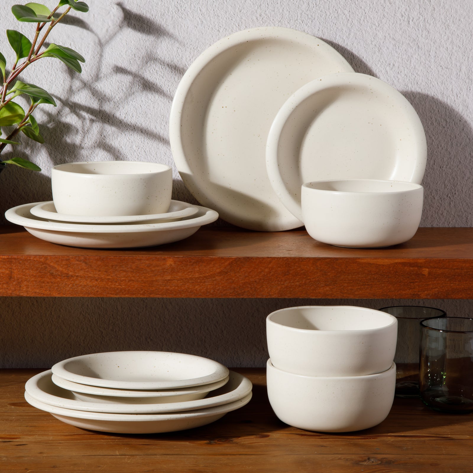 Corsica Clay - 12-Piece Dinnerware Set - Reactive Glaze Stoneware - Sea Salt White