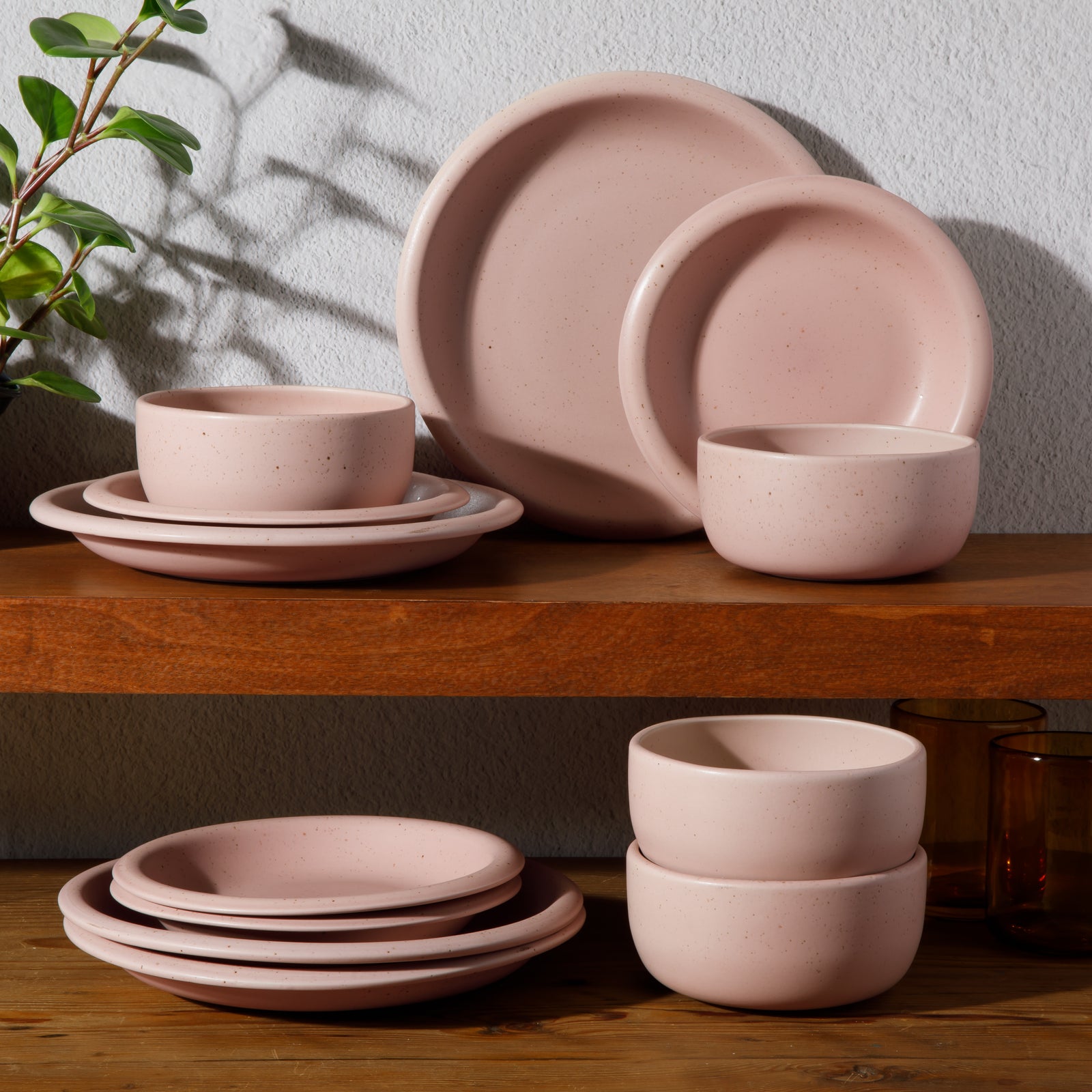 Corsica Clay - 12-Piece Dinnerware Set - Reactive Glaze Stoneware - Prosecco Blush Pink