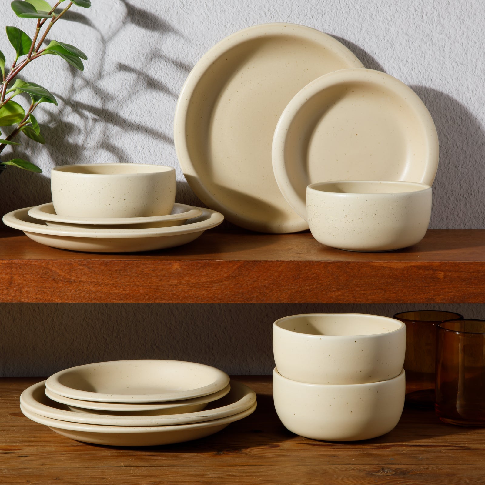 Corsica Clay - 12-Piece Dinnerware Set - Reactive Glaze Stoneware - Cappuccino Cream