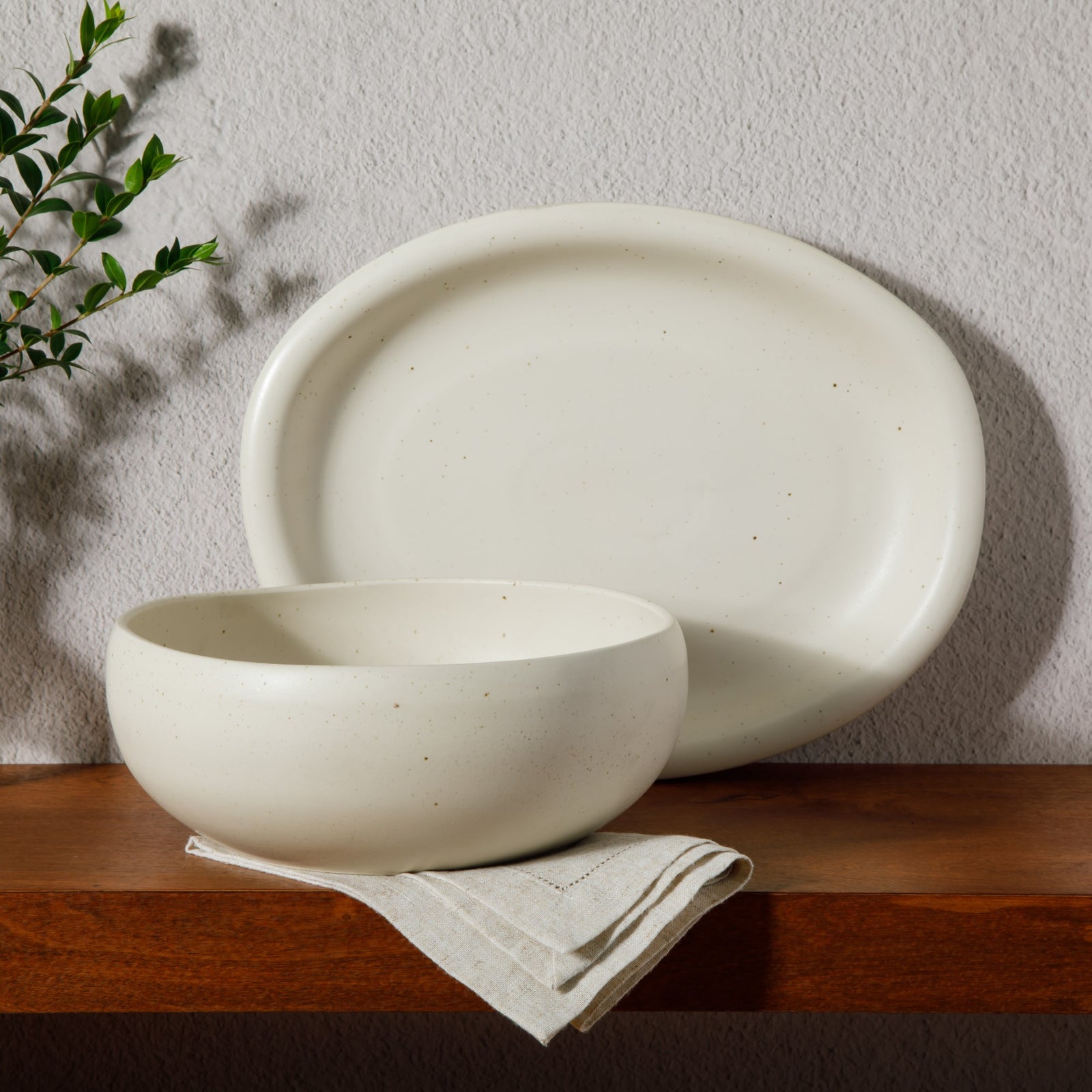 Corsica Clay - 2-Piece Oval Platter and Bowl Serving Set - Reactive Glaze Stoneware - Sea Salt White