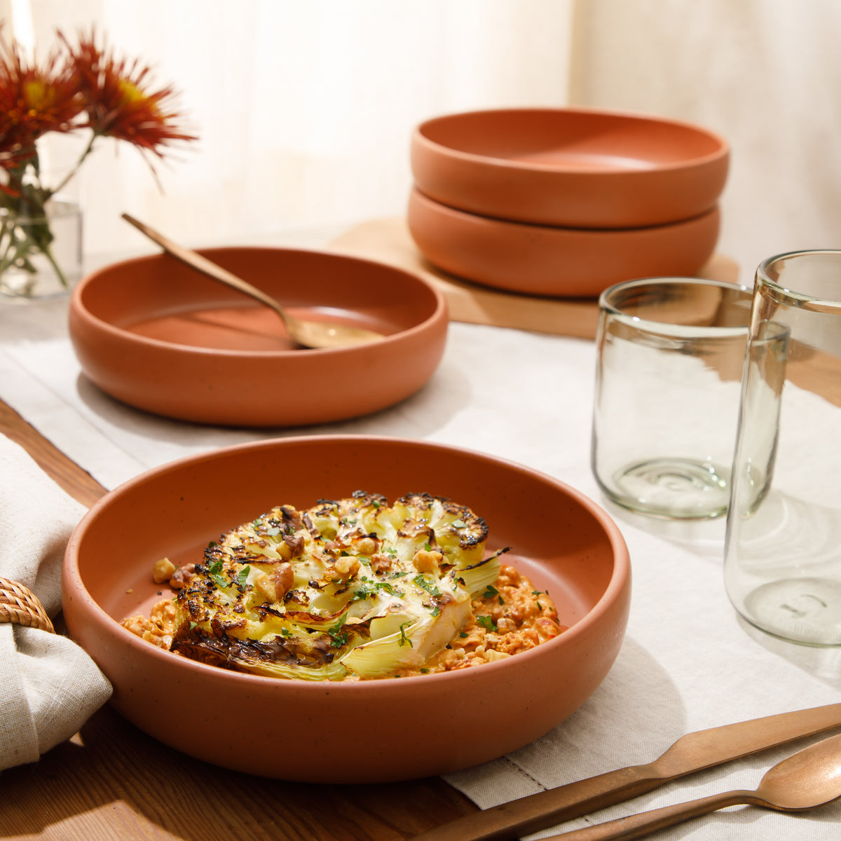 Corsica Clay - 4-Piece Pasta Bowl Set - Reactive Glaze Stoneware -  Burnt Apricot Terracot