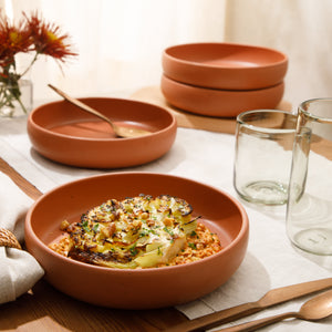 Corsica Clay - 4-Piece Pasta Bowl Set - Reactive Glaze Stoneware -  Burnt Apricot Terracot