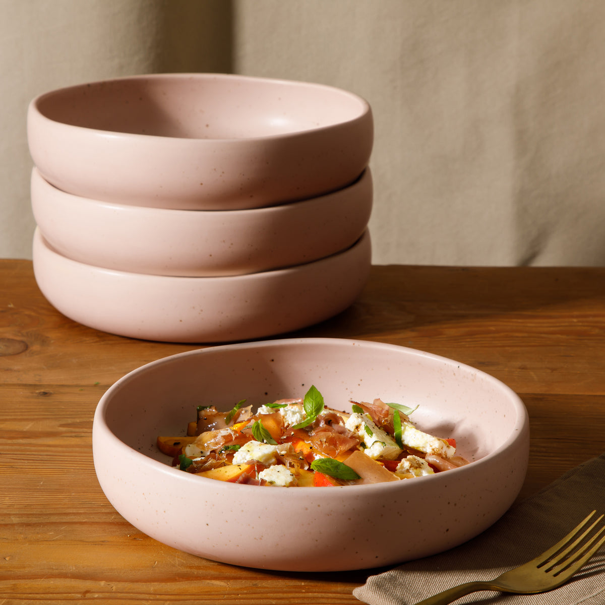 Corsica Clay - 4-Piece Pasta Bowl Set - Reactive Glaze Stoneware - Prosecco Blush Pink