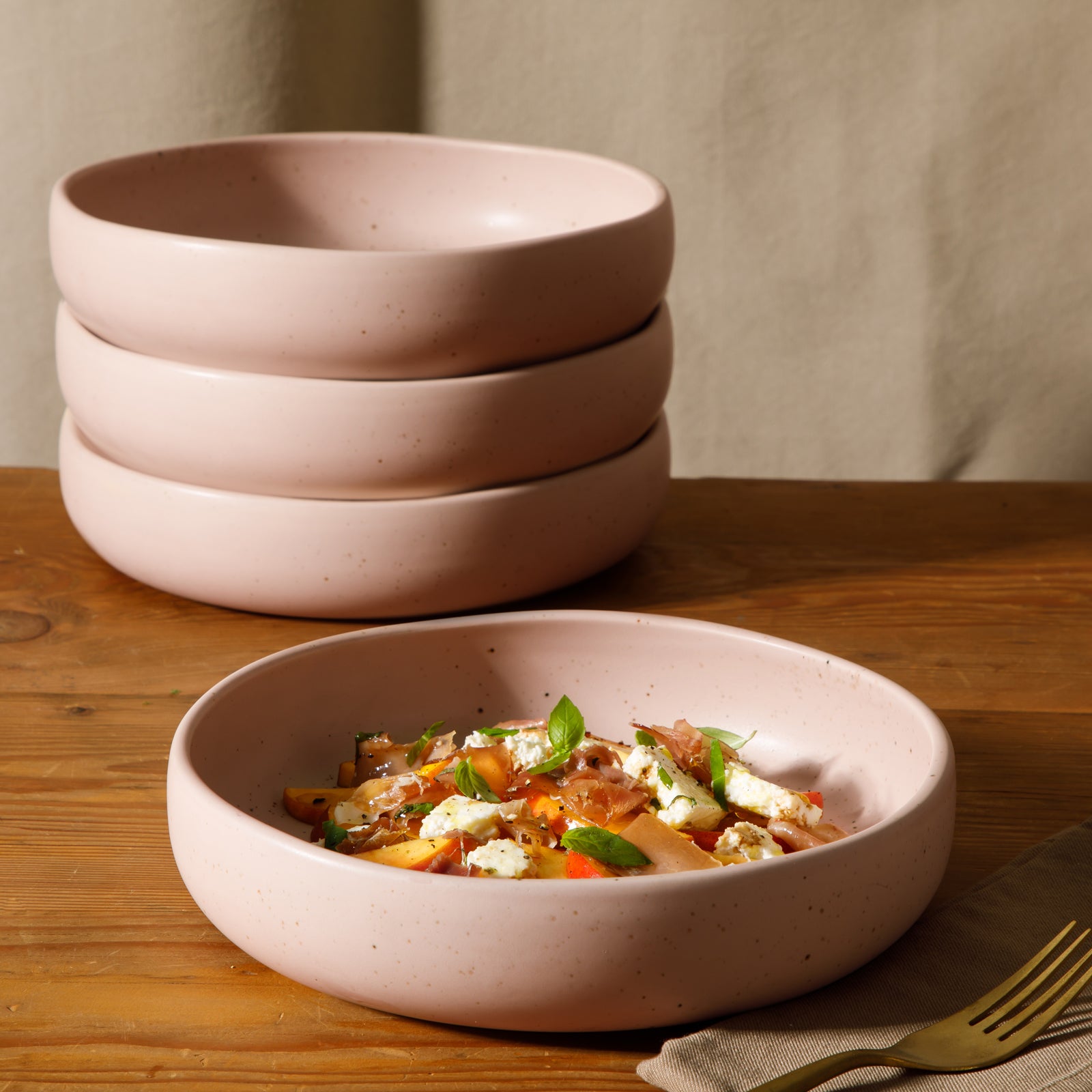Corsica Clay - 4-Piece Pasta Bowl Set - Reactive Glaze Stoneware - Prosecco Blush Pink