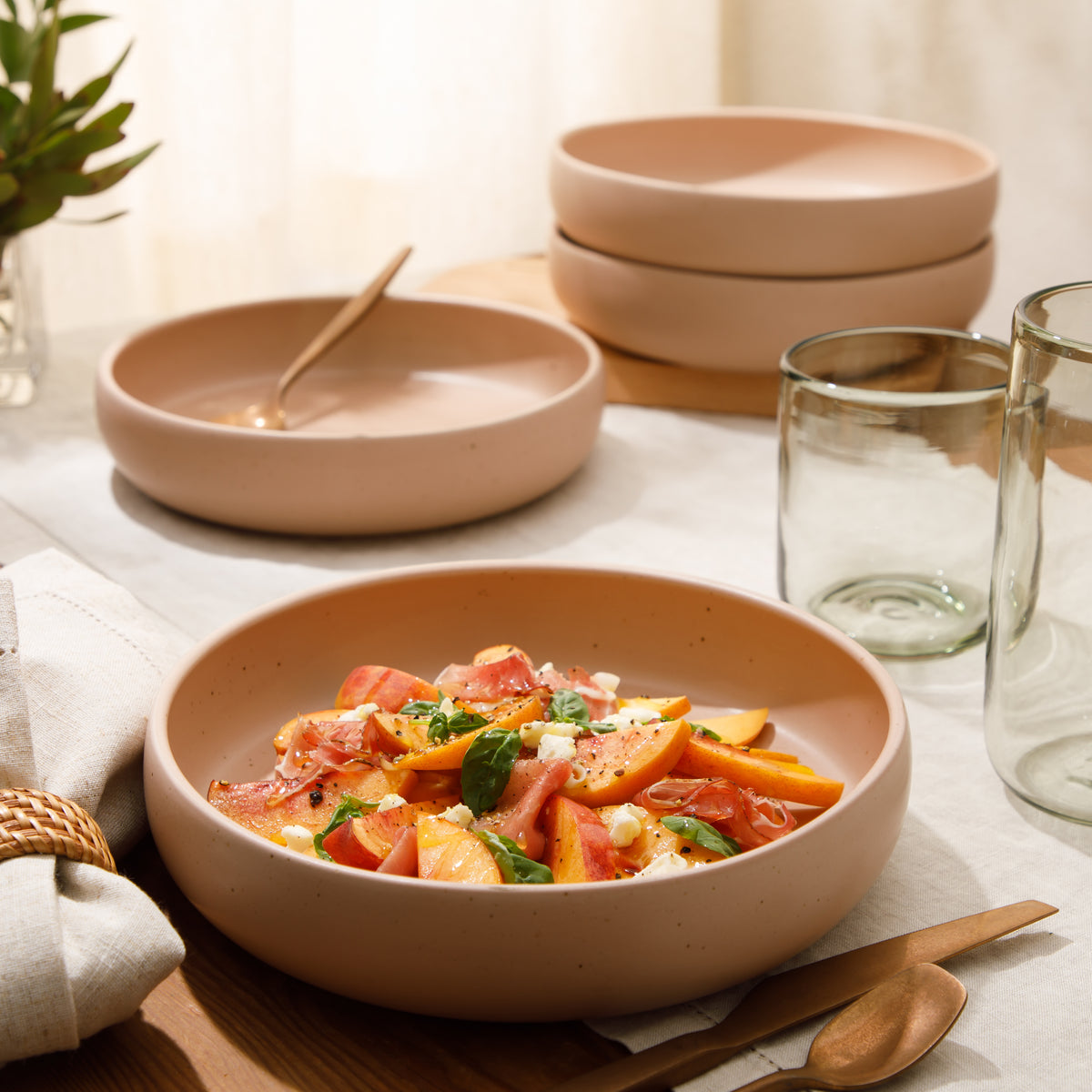 Corsica Clay - 4-Piece Pasta Bowl Set - Reactive Glaze Stoneware - Prosecco Blush Pink