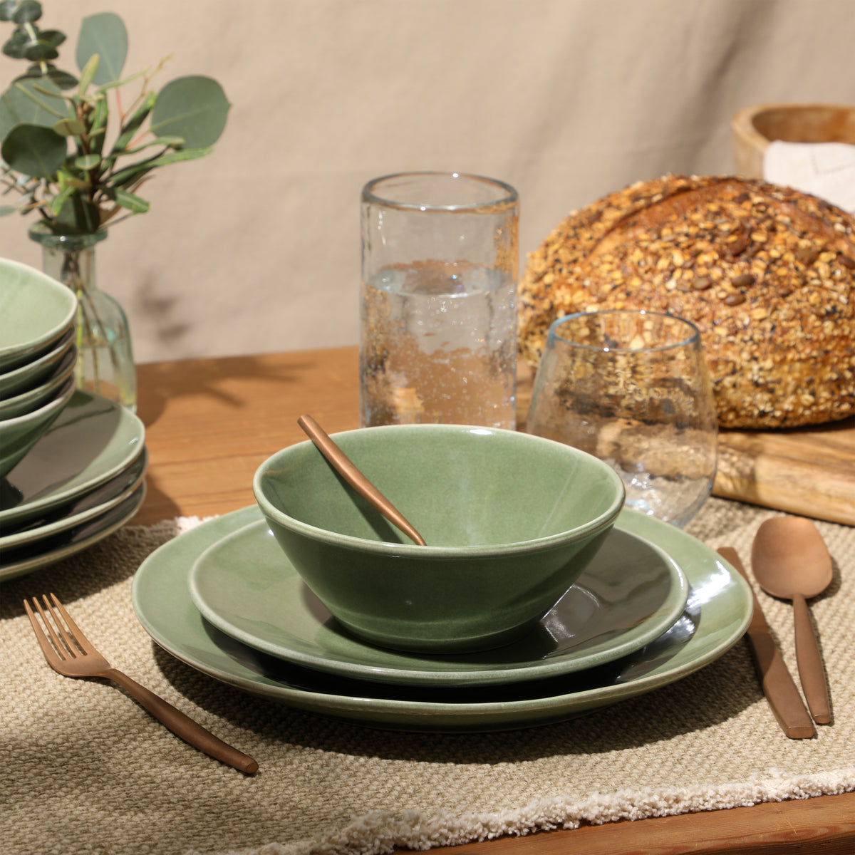 Montecito Breeze - 16-Piece Dinnerware Set for 4 - Reactive Glaze Stoneware - Cyprus Sage Green