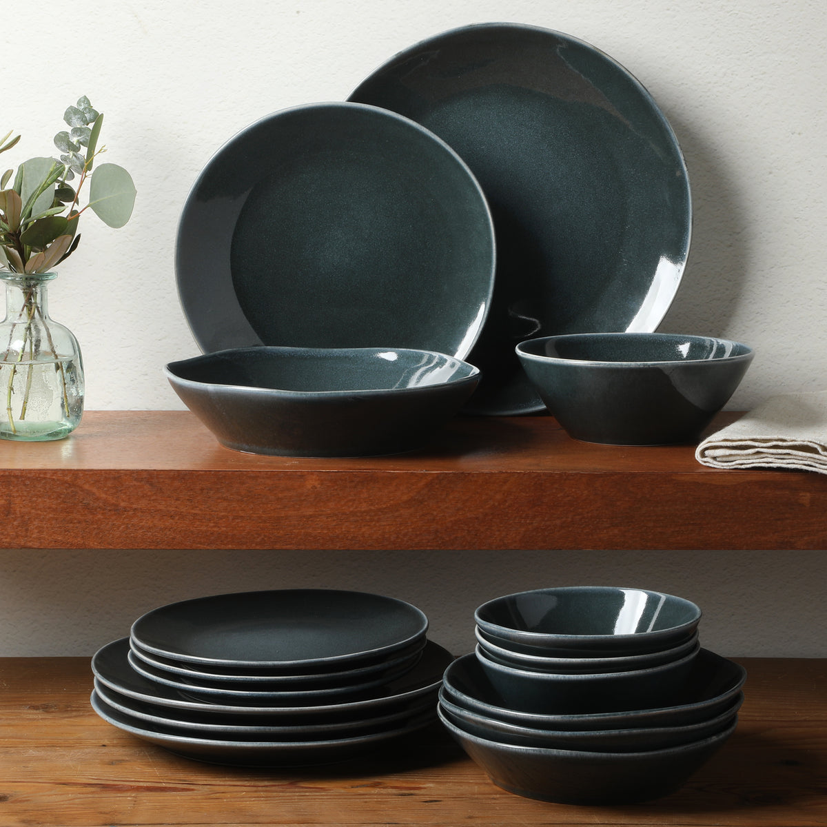 Bloomhouse Montecito Breeze 16 Piece Double Plates and Bowls Stoneware Reactive Glaze Dinnerware Set