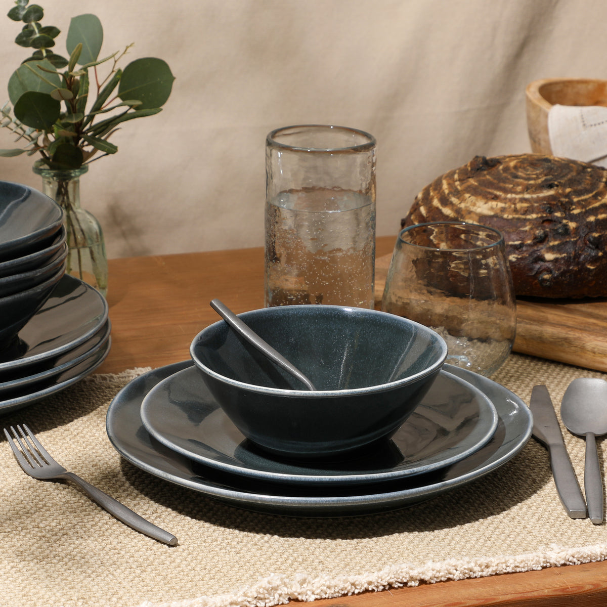 Bloomhouse Montecito Breeze 16 Piece Double Plates and Bowls Stoneware Reactive Glaze Dinnerware Set