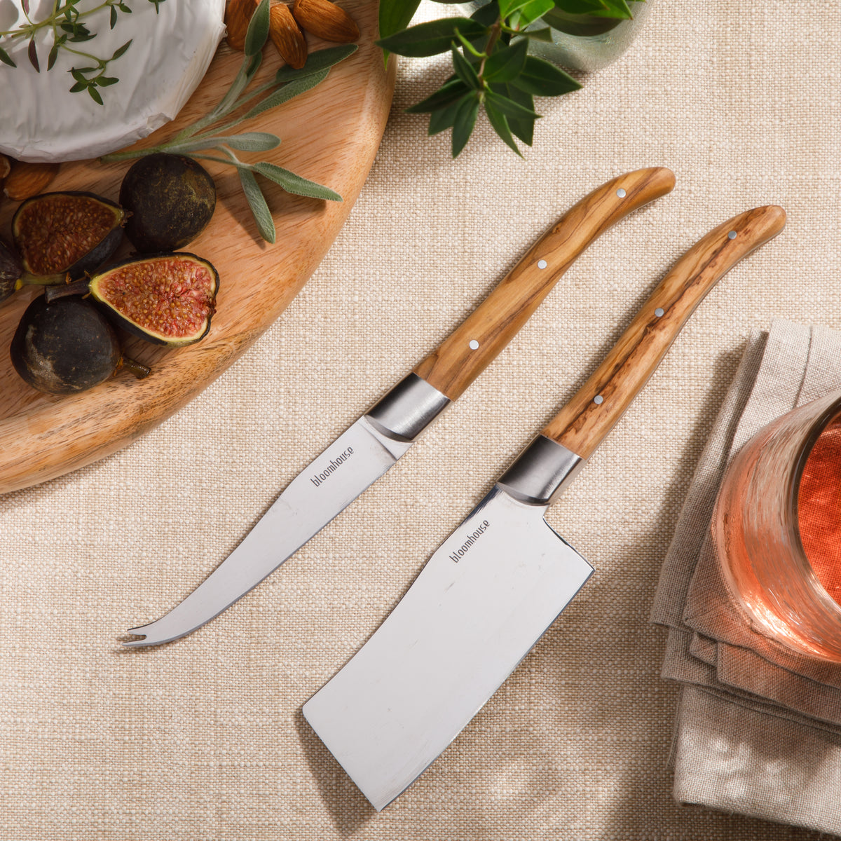 Bloomhouse 2-Piece German Steel Cheese Knife Set with Olive Wood Handles – Artisan Soft & Hard Cheese Knives for Charcuterie, Grazing Boards & Entertaining