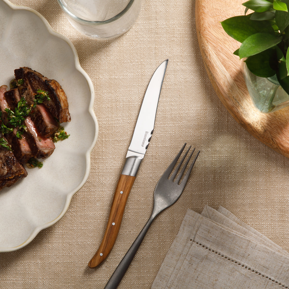 4-Piece Steak Knife Set - German Steel with Olive Wood Handles