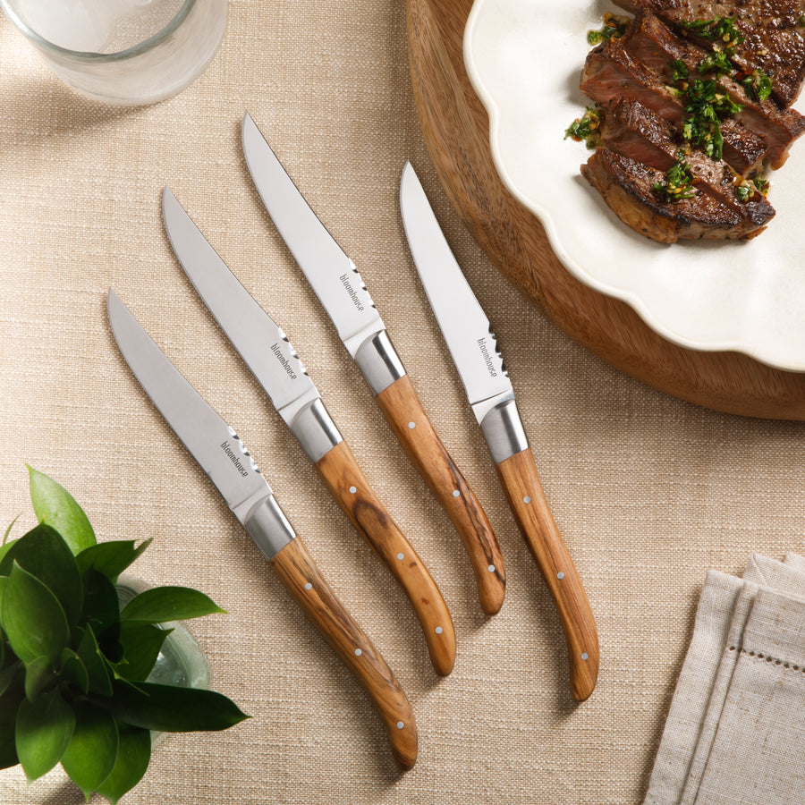 4-Piece Steak Knife Set - German Steel with Olive Wood Handles