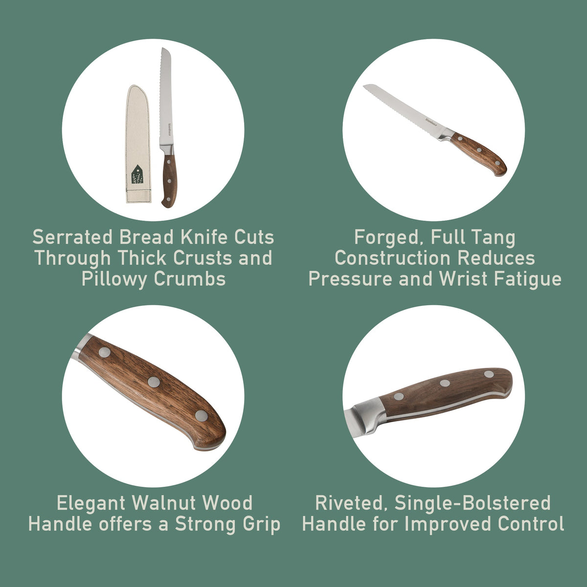 8 Inch Bread Knife - German Steel, Walnut Wood Handle