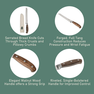 8 Inch Bread Knife - German Steel, Walnut Wood Handle