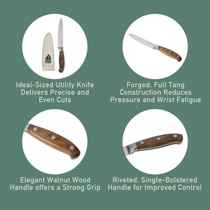 5 Inch Utility Knife - German Steel, Walnut Wood Handle