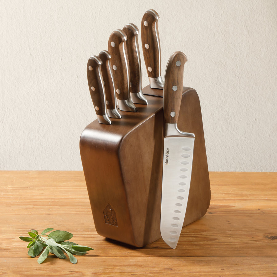 7-Piece Knife Block Set - German Steel with Italian Walnut Wood Forged Handles