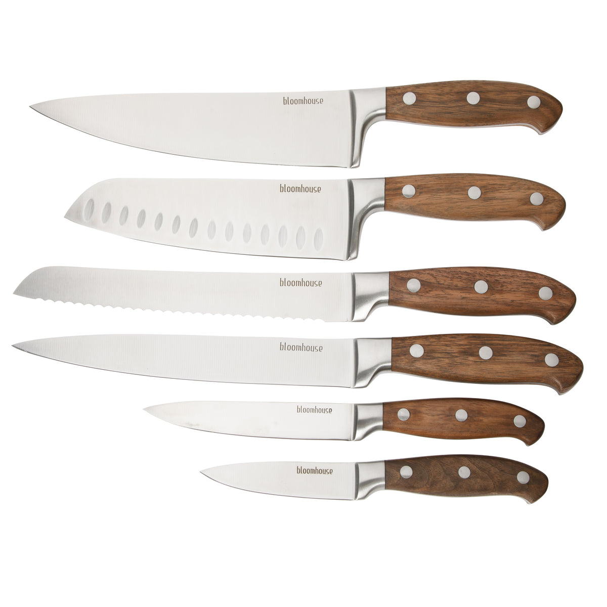 Bloomhouse 7 Piece Italian Walnut Wood Knife Block Set W/ German Steel Forged Knives