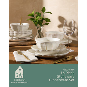 16-Piece Dinnerware Set for 4 - Scallop-Embossed Stoneware - Yuelu Bloom - Jasmine White