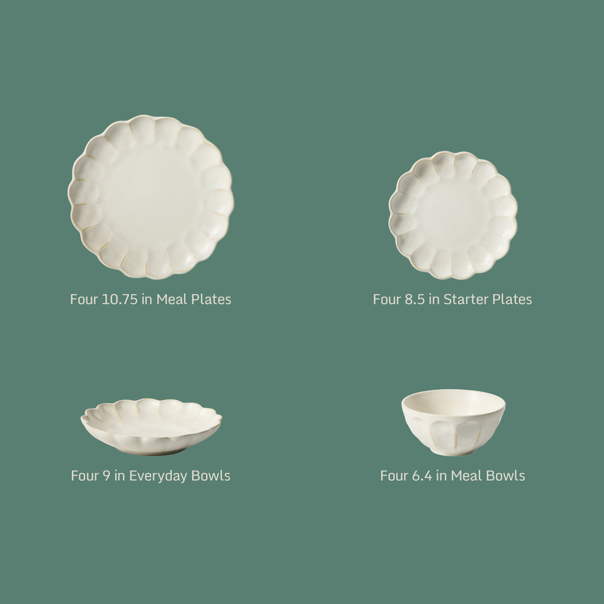 16-Piece Dinnerware Set for 4 - Scallop-Embossed Stoneware - Yuelu Bloom - Jasmine White