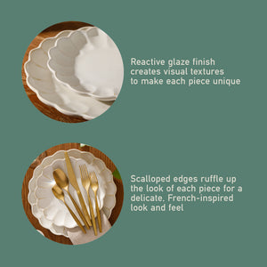 16-Piece Dinnerware Set for 4 - Scallop-Embossed Stoneware - Yuelu Bloom - Jasmine White