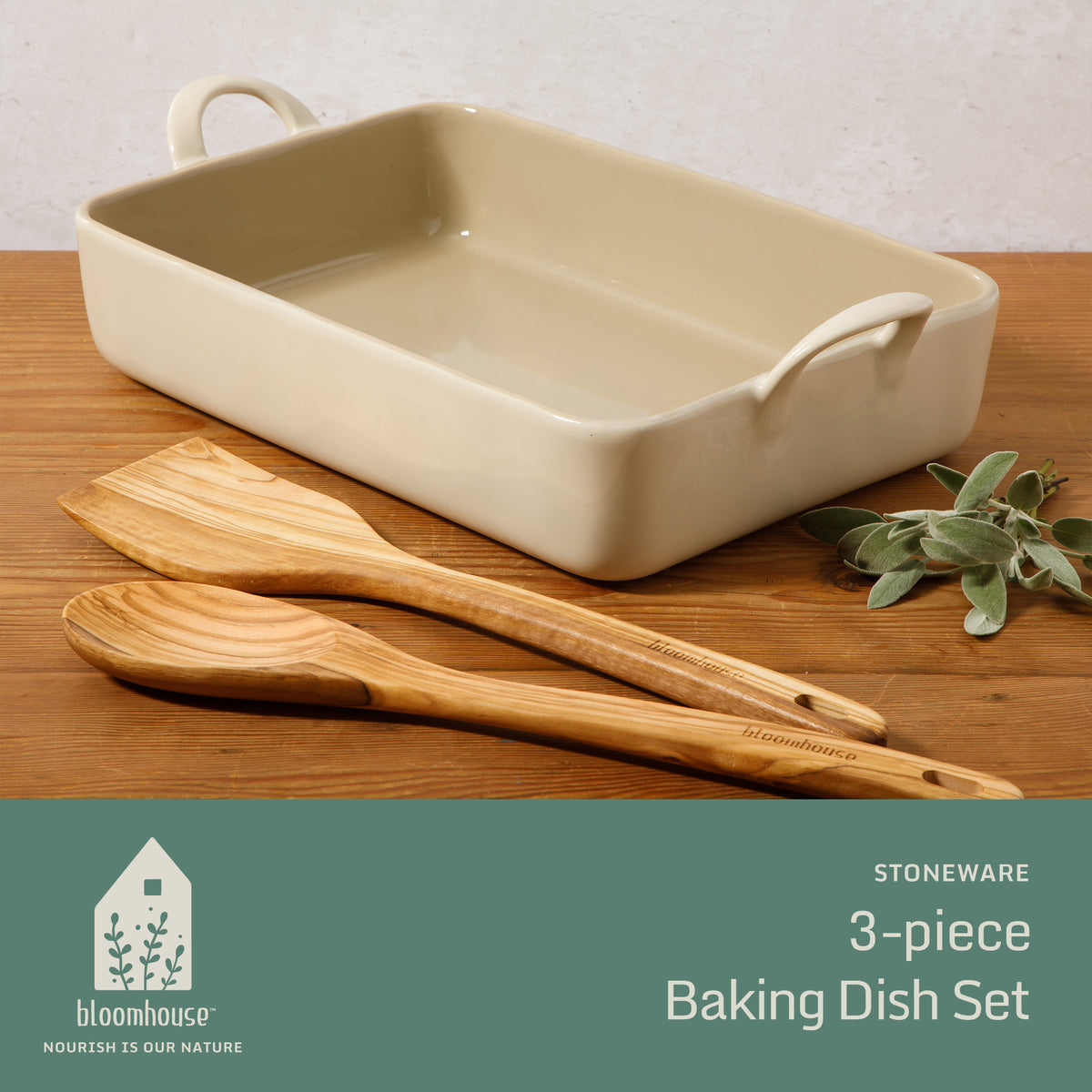 3-Piece 9x13 Inch Ceramic Bakeware Set with Olive Wood Tools - Linen Taupe