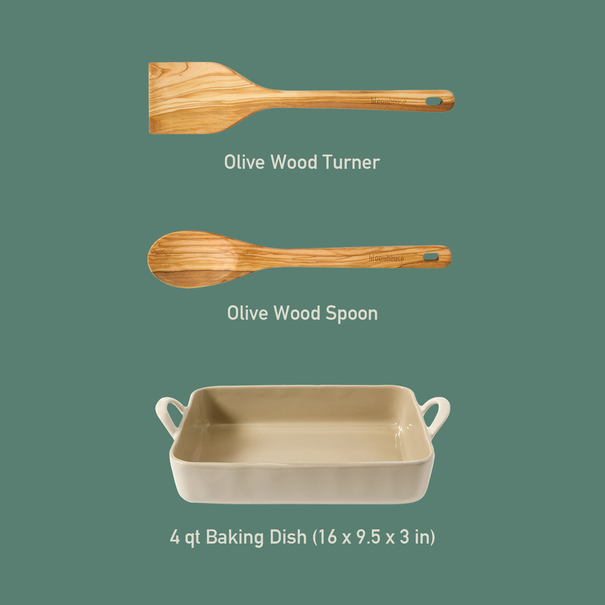 3-Piece 9x13 Inch Ceramic Bakeware Set with Olive Wood Tools - Linen Taupe