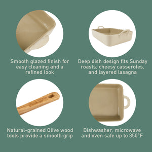 3-Piece 9x13 Inch Ceramic Bakeware Set with Olive Wood Tools - Linen Taupe