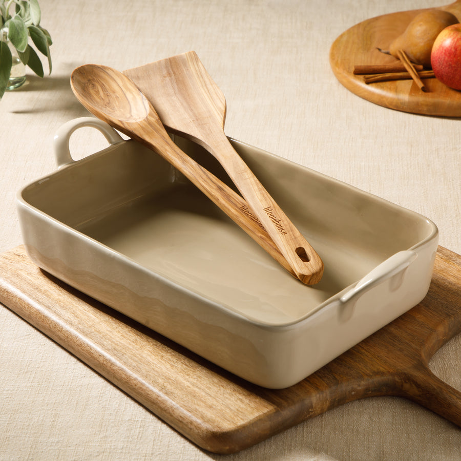 3-Piece 9x13 Inch Ceramic Bakeware Set with Olive Wood Tools - Linen Taupe