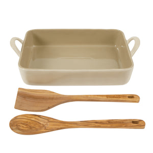 3-Piece 9x13 Inch Ceramic Bakeware Set with Olive Wood Tools - Linen Taupe