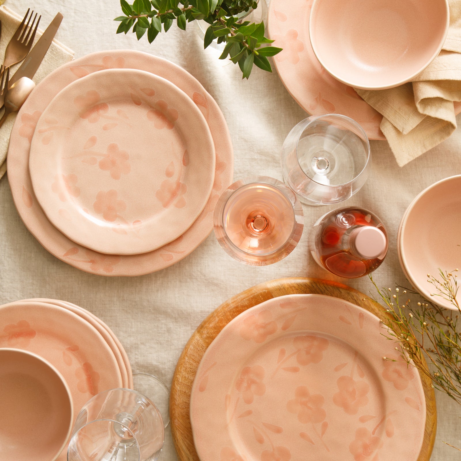Bloomhouse - 2 Time Oprah's Favorite Things - Made in Portugal Hand Painted Dinnerware Set - Porto Petals 12 Piece (Service for 4) Floral Plates and Bowls Set - Blush Pink