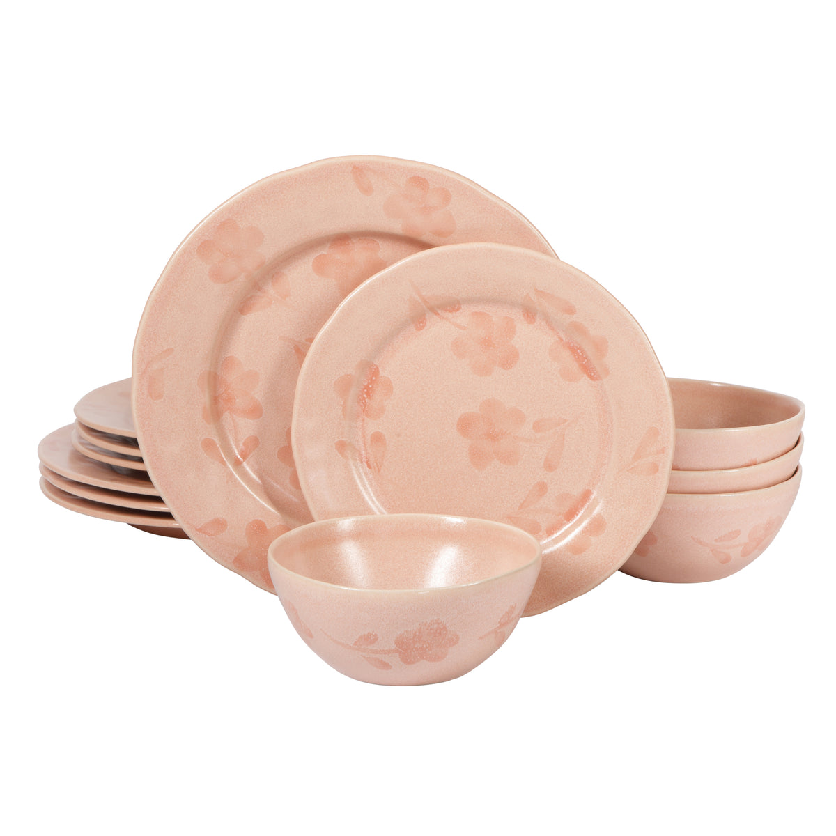 12-Piece Dinnerware Set for 4 - Hand-Painted Portuguese Stoneware - Porto Petals - Blush Pink