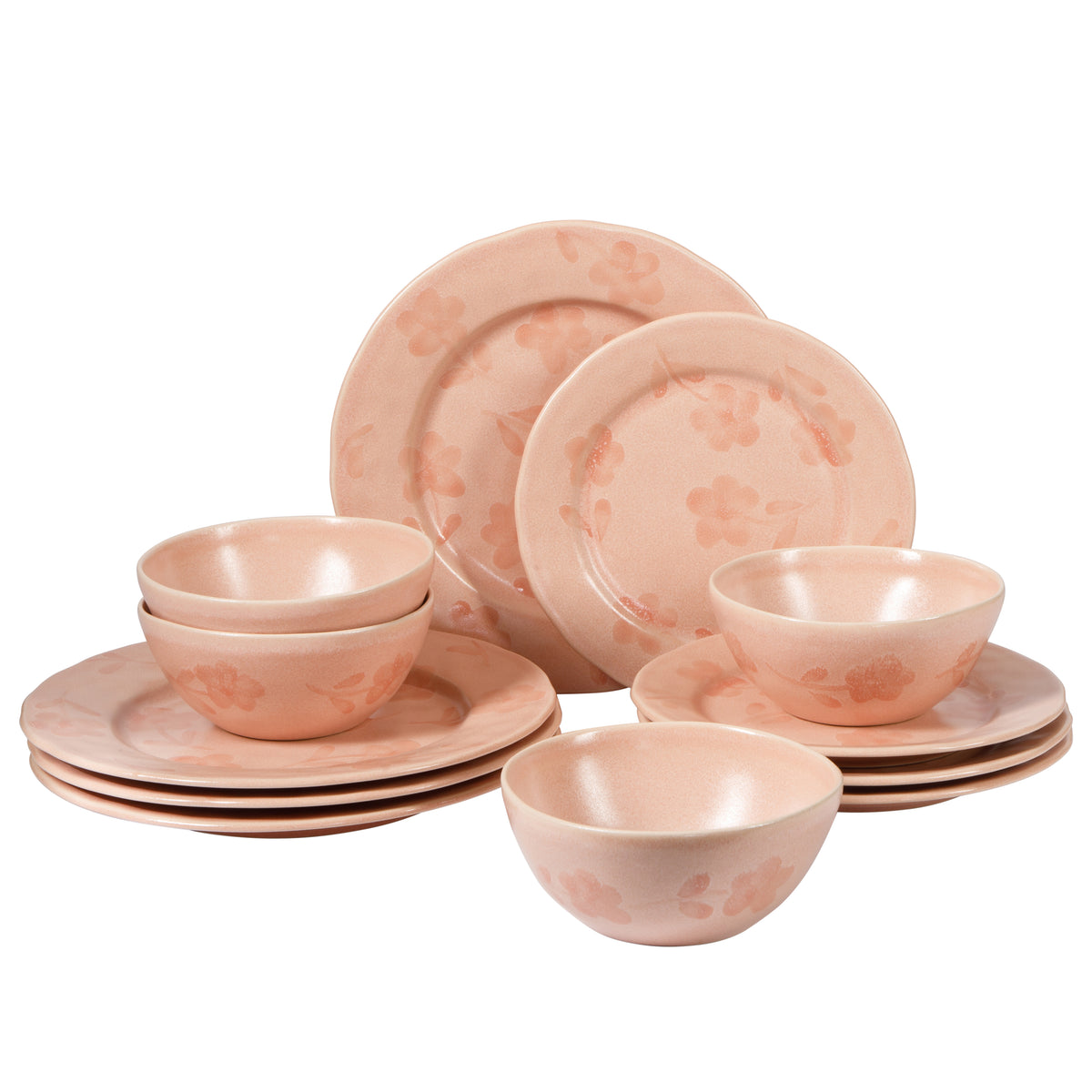 12-Piece Dinnerware Set for 4 - Hand-Painted Portuguese Stoneware - Porto Petals - Blush Pink