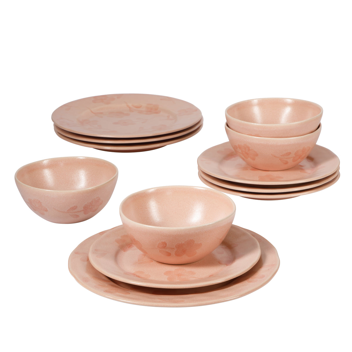 12-Piece Dinnerware Set for 4 - Hand-Painted Portuguese Stoneware - Porto Petals - Blush Pink