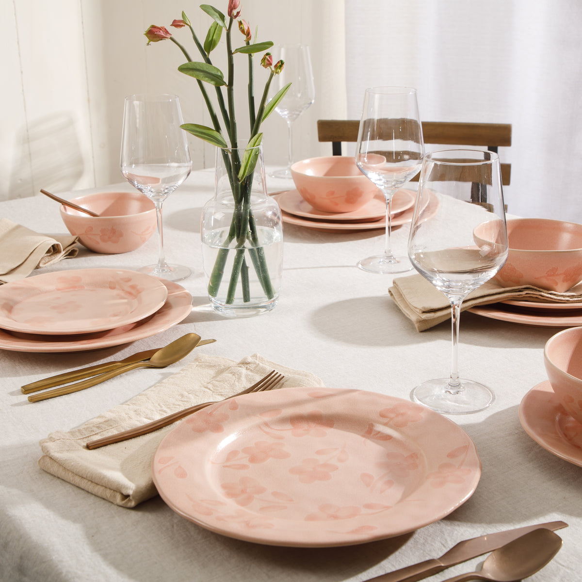 12-Piece Dinnerware Set for 4 - Hand-Painted Portuguese Stoneware - Porto Petals - Blush Pink