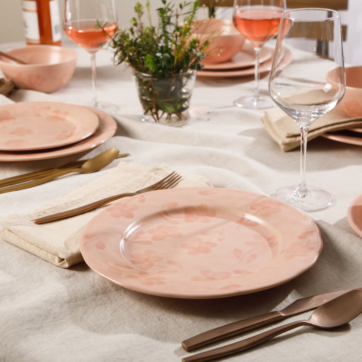 12-Piece Dinnerware Set for 4 - Hand-Painted Portuguese Stoneware - Porto Petals - Blush Pink
