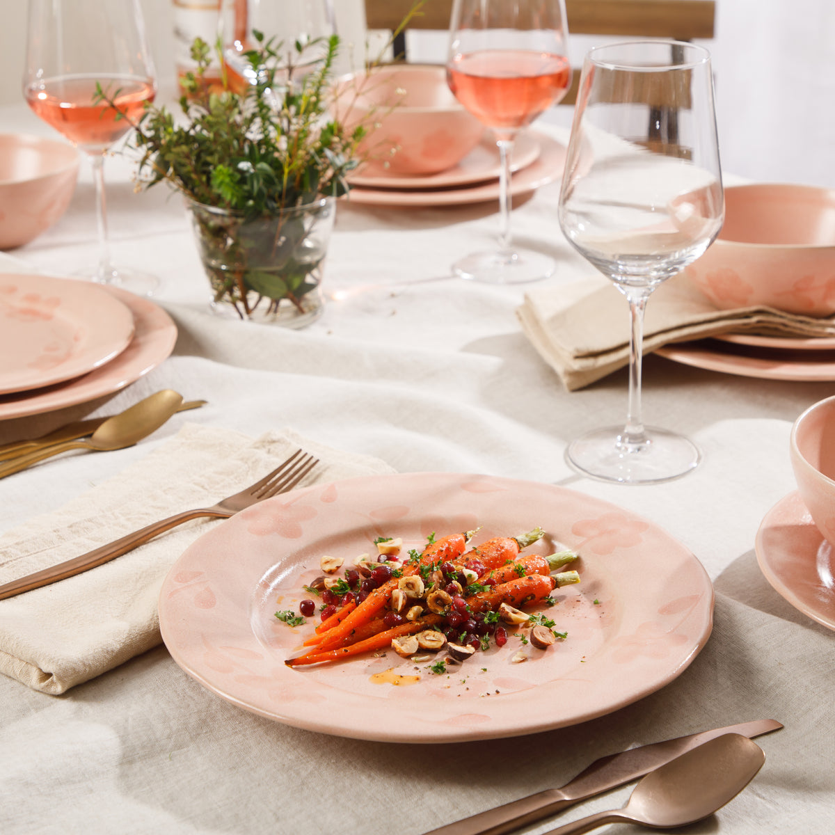 12-Piece Dinnerware Set for 4 - Hand-Painted Portuguese Stoneware - Porto Petals - Blush Pink
