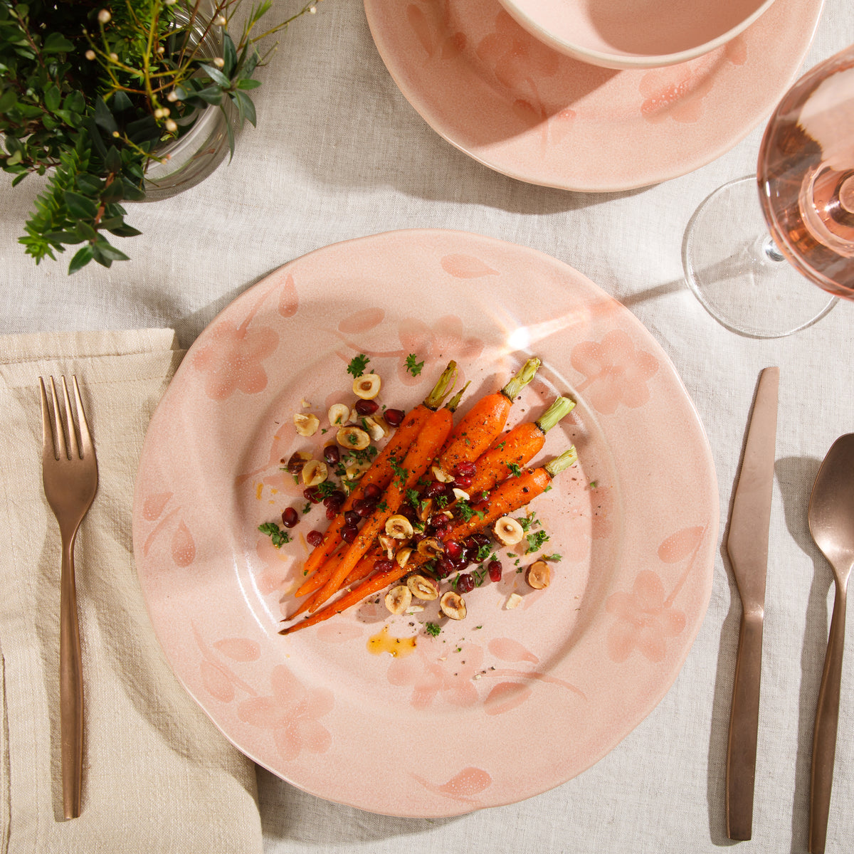 12-Piece Dinnerware Set for 4 - Hand-Painted Portuguese Stoneware - Porto Petals - Blush Pink
