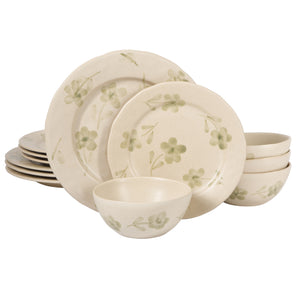 12-Piece Dinnerware Set for 4 - Hand-Painted Portuguese Stoneware - Porto Petals - Green Orchid