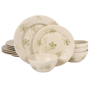 Porto Petals - 12-Piece Dinnerware Set for 4 - Hand-Painted Portuguese Stoneware, Green Orchid