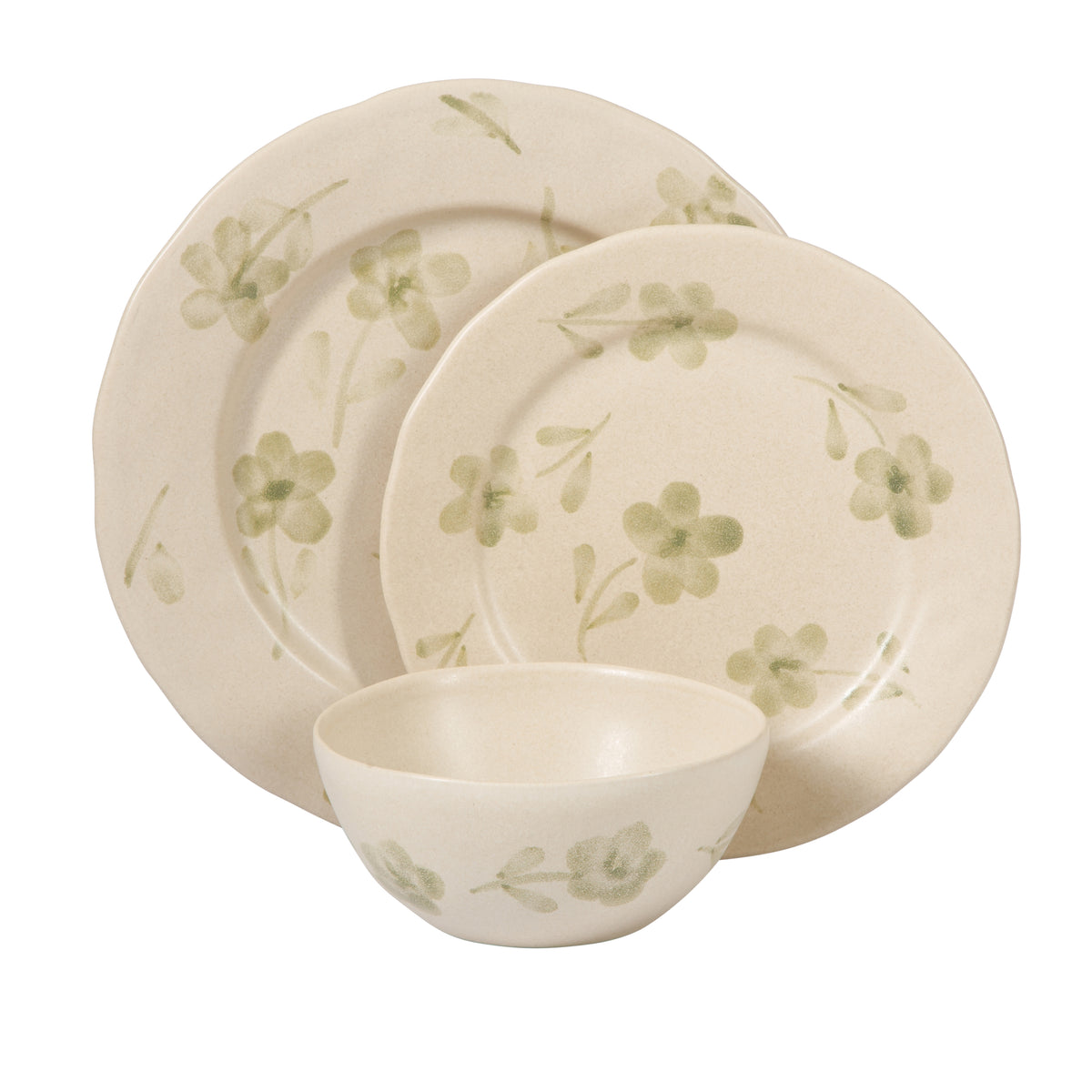 12-Piece Dinnerware Set for 4 - Hand-Painted Portuguese Stoneware - Porto Petals - Green Orchid