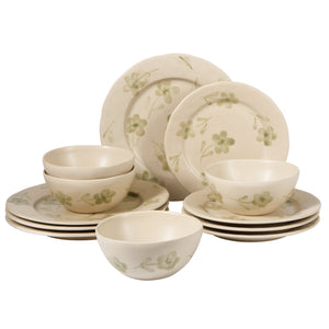 Porto Petals - 12-Piece Dinnerware Set for 4 - Hand-Painted Portuguese Stoneware, Green Orchid