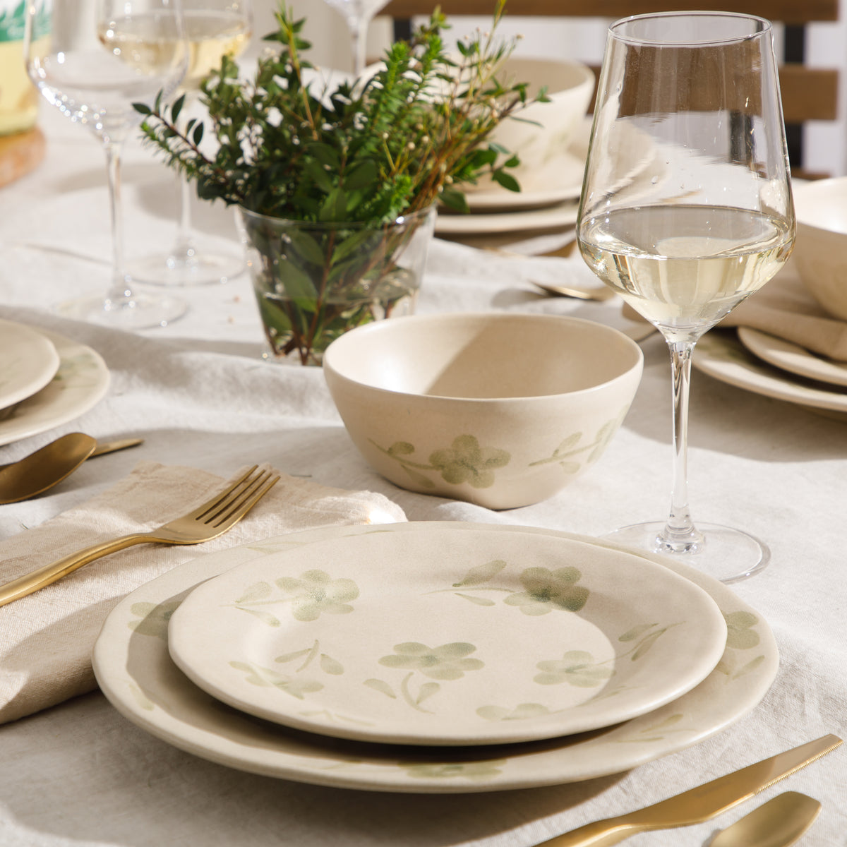 12-Piece Dinnerware Set for 4 - Hand-Painted Portuguese Stoneware - Porto Petals - Green Orchid