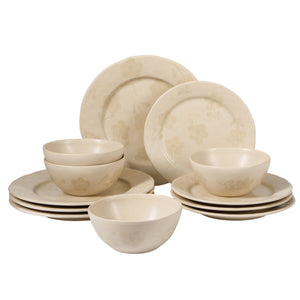 Porto Petals - 12-Piece Dinnerware Set for 4 - Hand-Painted Portuguese Stoneware, Lily Cream