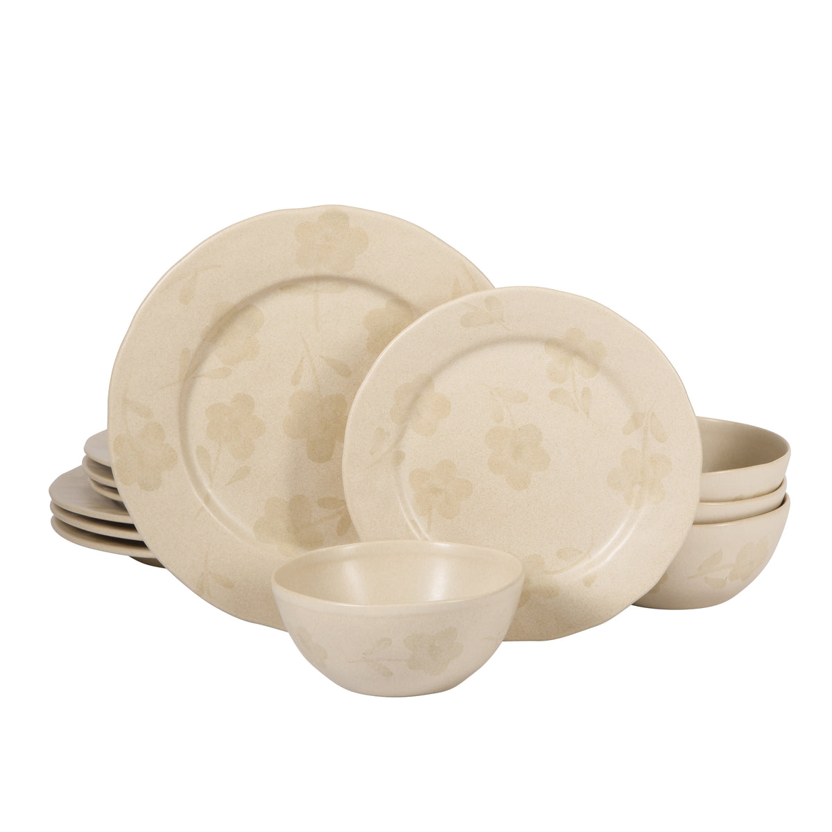 Porto Petals - 12-Piece Dinnerware Set for 4 - Hand-Painted Portuguese Stoneware, Lily Cream