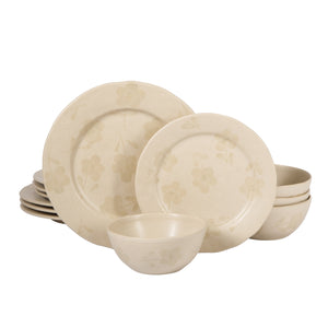 Porto Petals - 12-Piece Dinnerware Set for 4 - Hand-Painted Portuguese Stoneware, Lily Cream