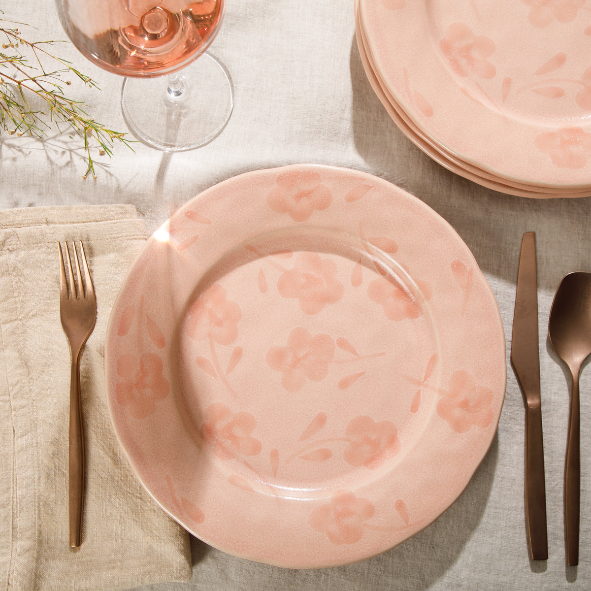 4-Piece 10.8 Inch Dinner Plate Set - Hand-Painted Portuguese Stoneware - Porto Petals - Blush Pink