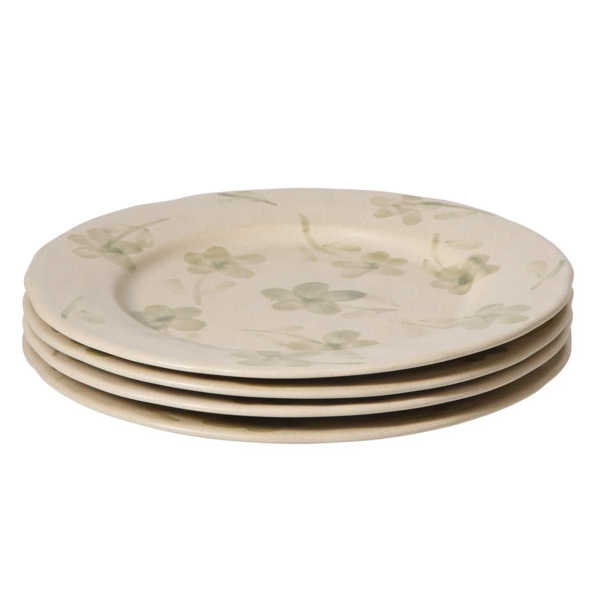 4-Piece 10.8 Inch Dinner Plate Set - Hand-Painted Portuguese Stoneware - Porto Petals - Green Orchid