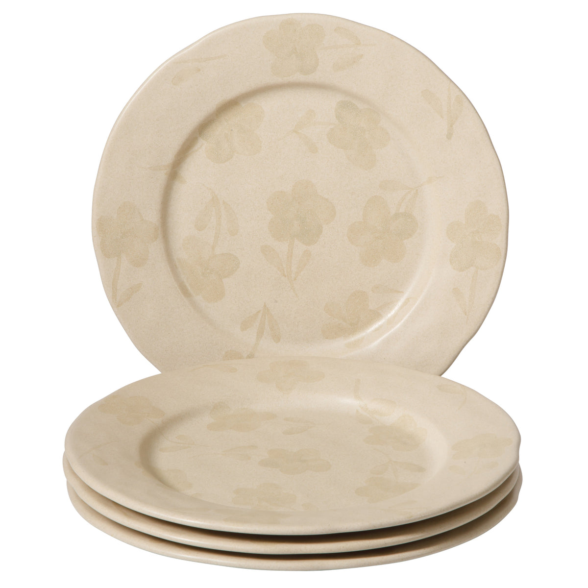Porto Petals - 4-Piece 10.8 Inch Dinner Plate Set - Hand-Painted Portuguese Stoneware, Lily Cream