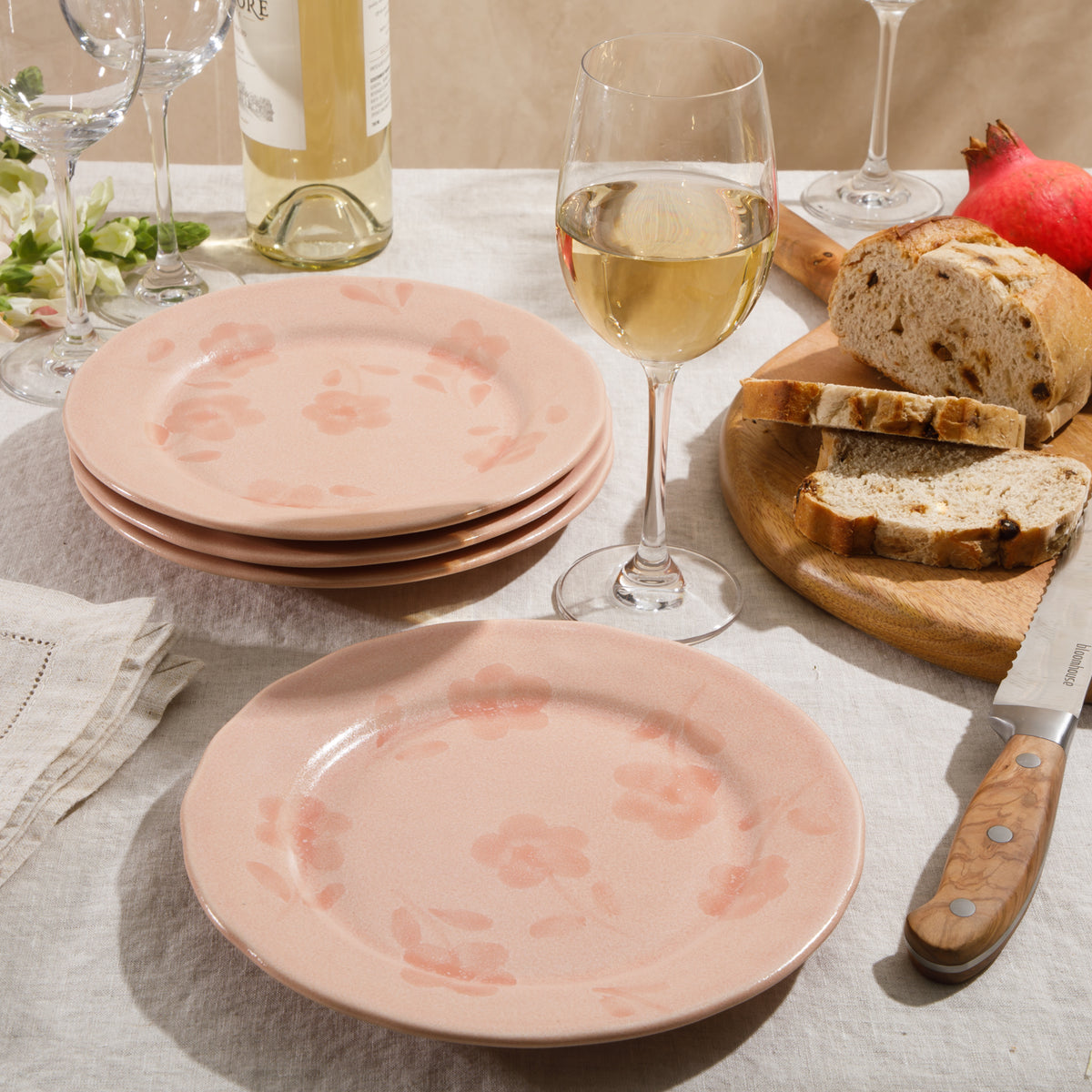 Porto Petals - 4-Piece 8.6 Inch Salad Plate Set - Hand-Painted Portuguese Stoneware - Blush Pink