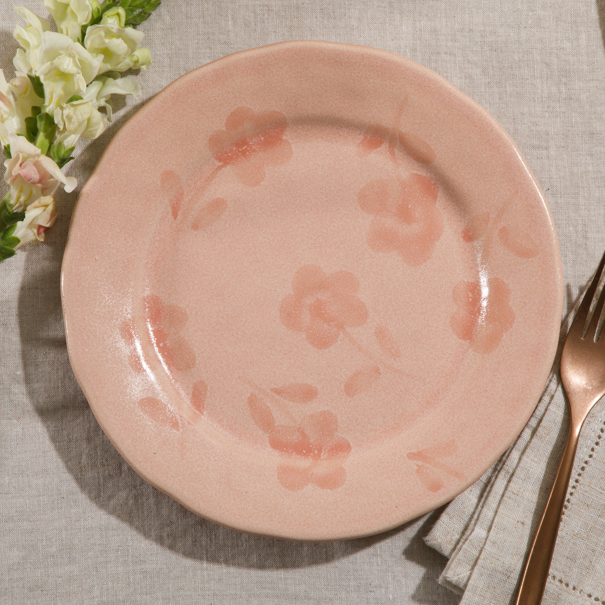 Porto Petals - 4-Piece 8.6 Inch Salad Plate Set - Hand-Painted Portuguese Stoneware - Blush Pink